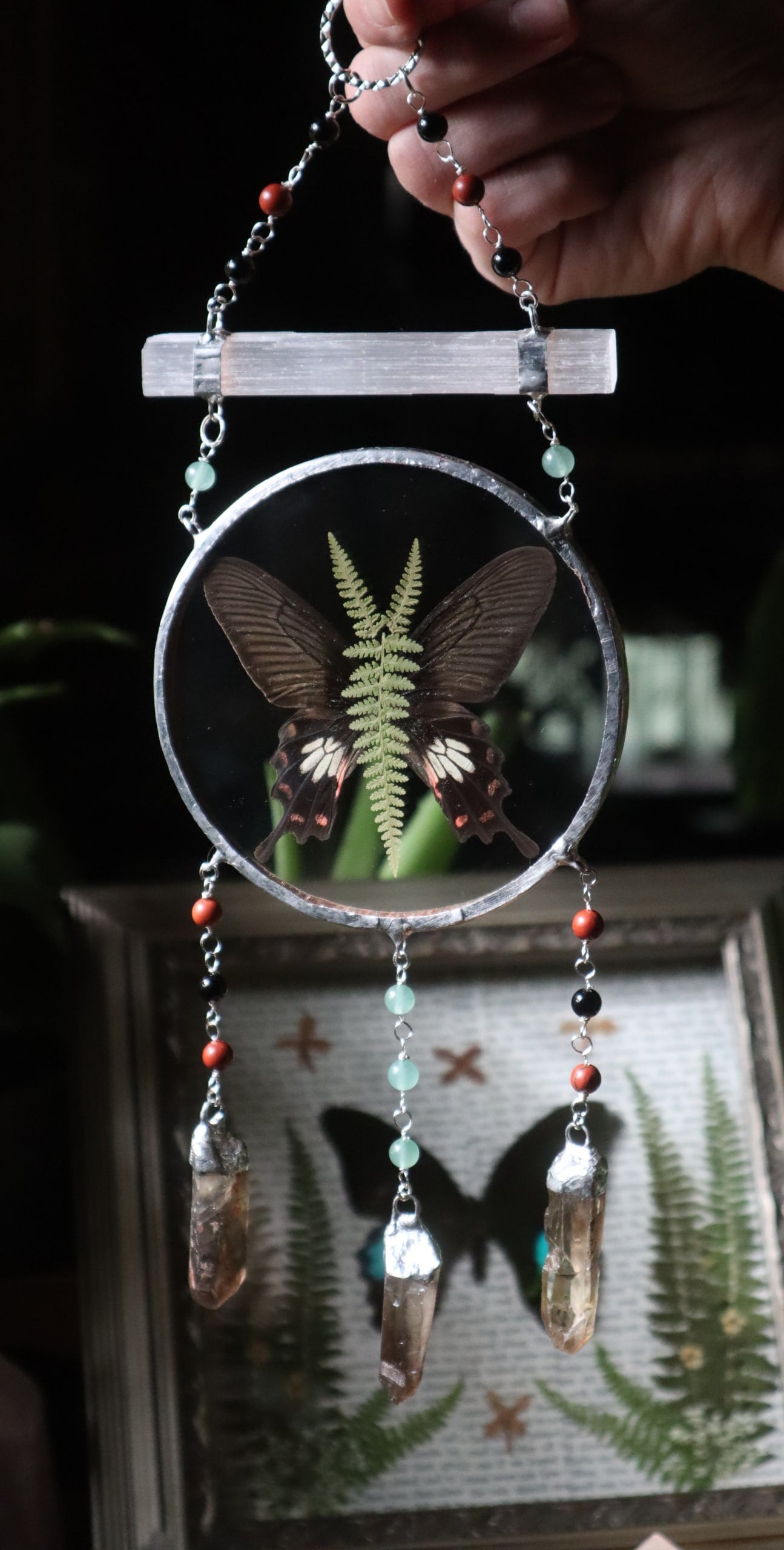 Pressed Butterfly & Fern Glass Art with Quartz Crystals