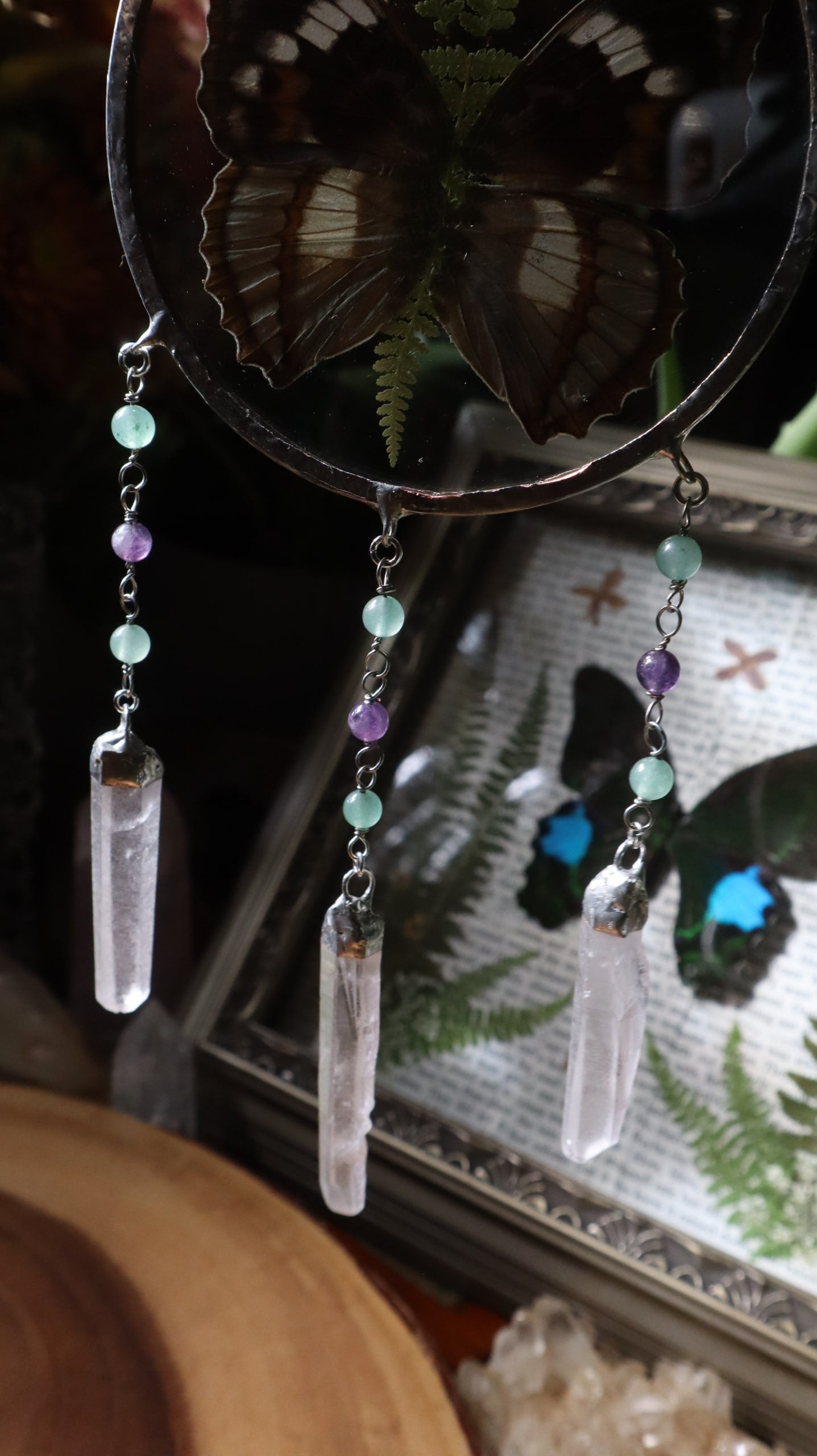 Pressed Butterfly & Fern Glass Art with Quartz Crystals