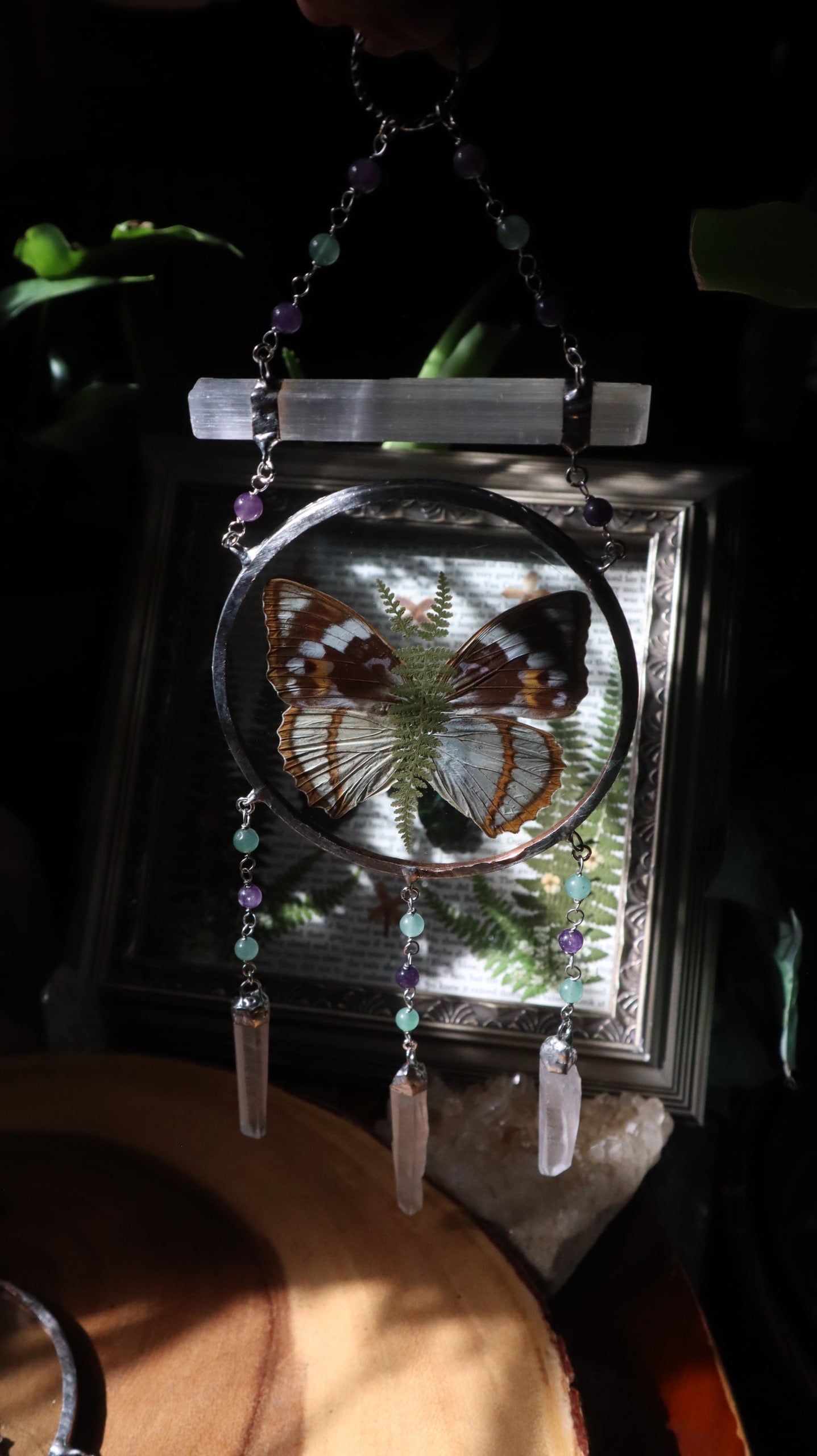 Pressed Butterfly & Fern Glass Art with Quartz Crystals