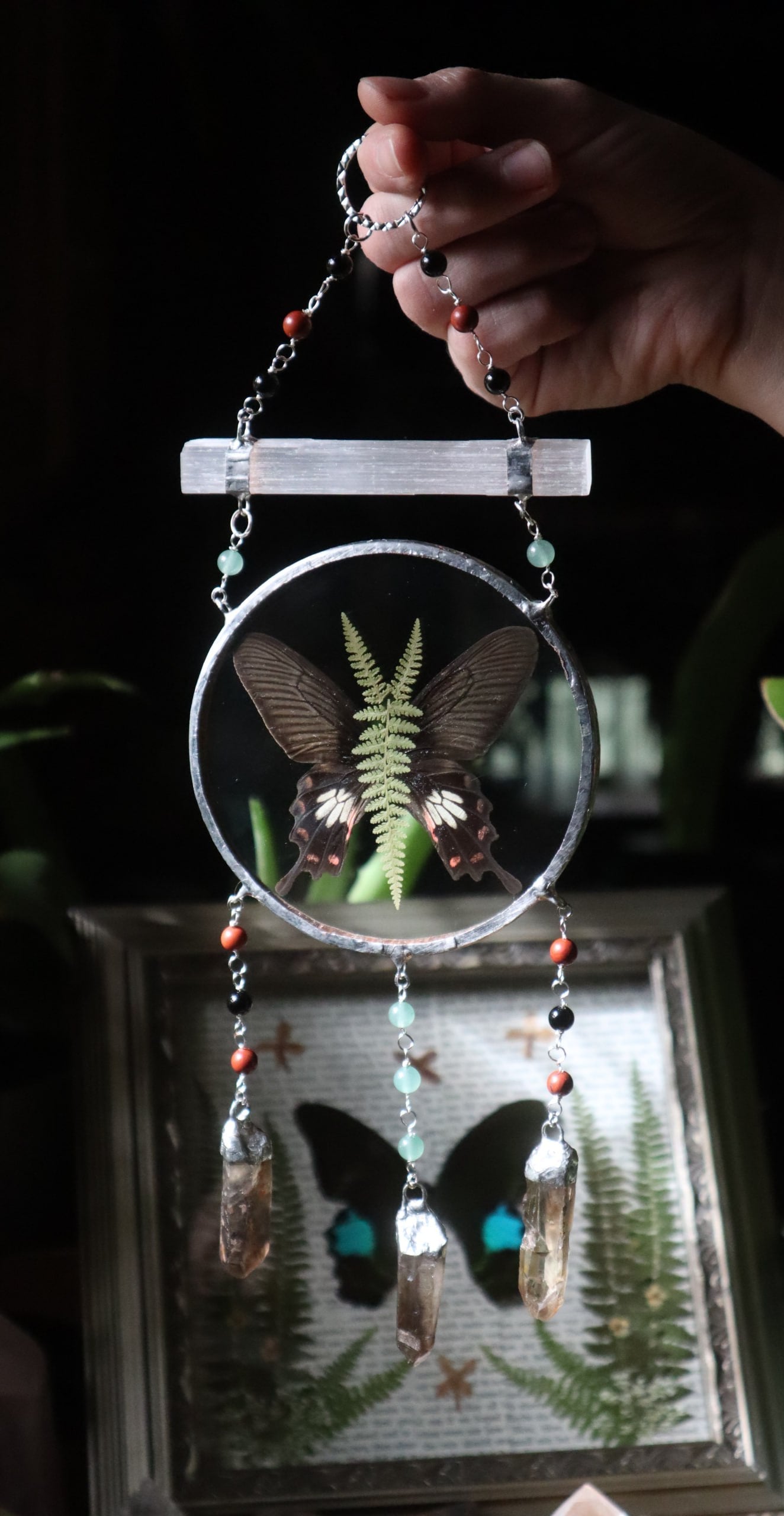 Pressed Butterfly & Fern Glass Art with Quartz Crystals
