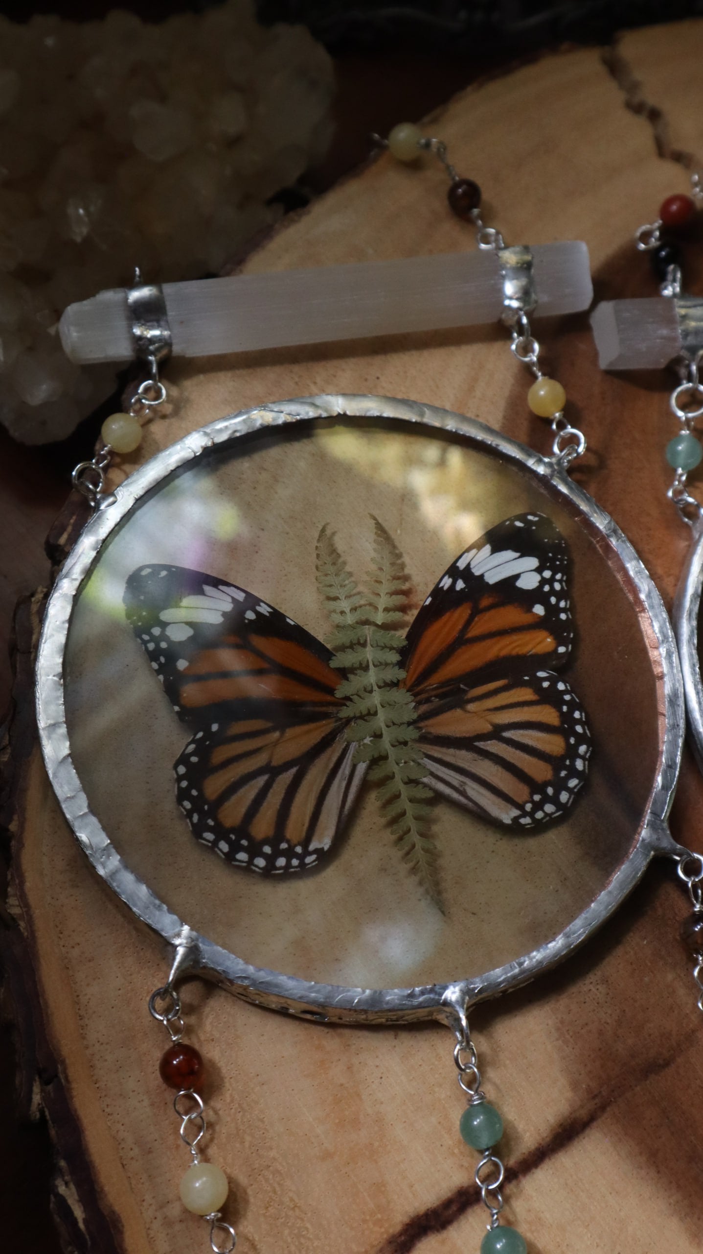 Pressed Butterfly & Fern Glass Art with Quartz Crystals