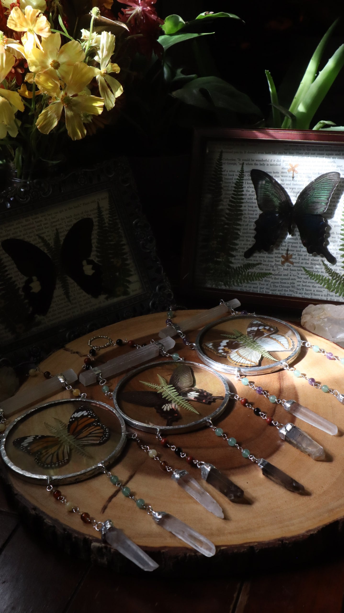 Pressed Butterfly & Fern Glass Art with Quartz Crystals