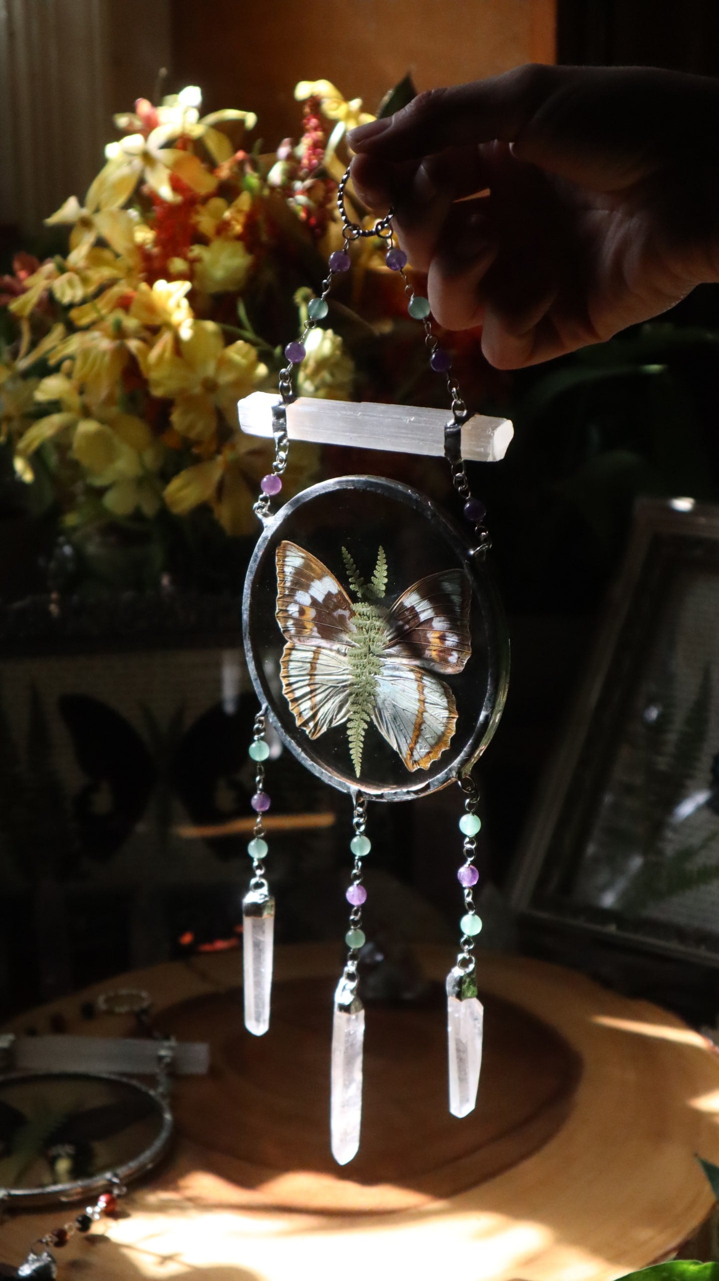 Pressed Butterfly & Fern Glass Art with Quartz Crystals