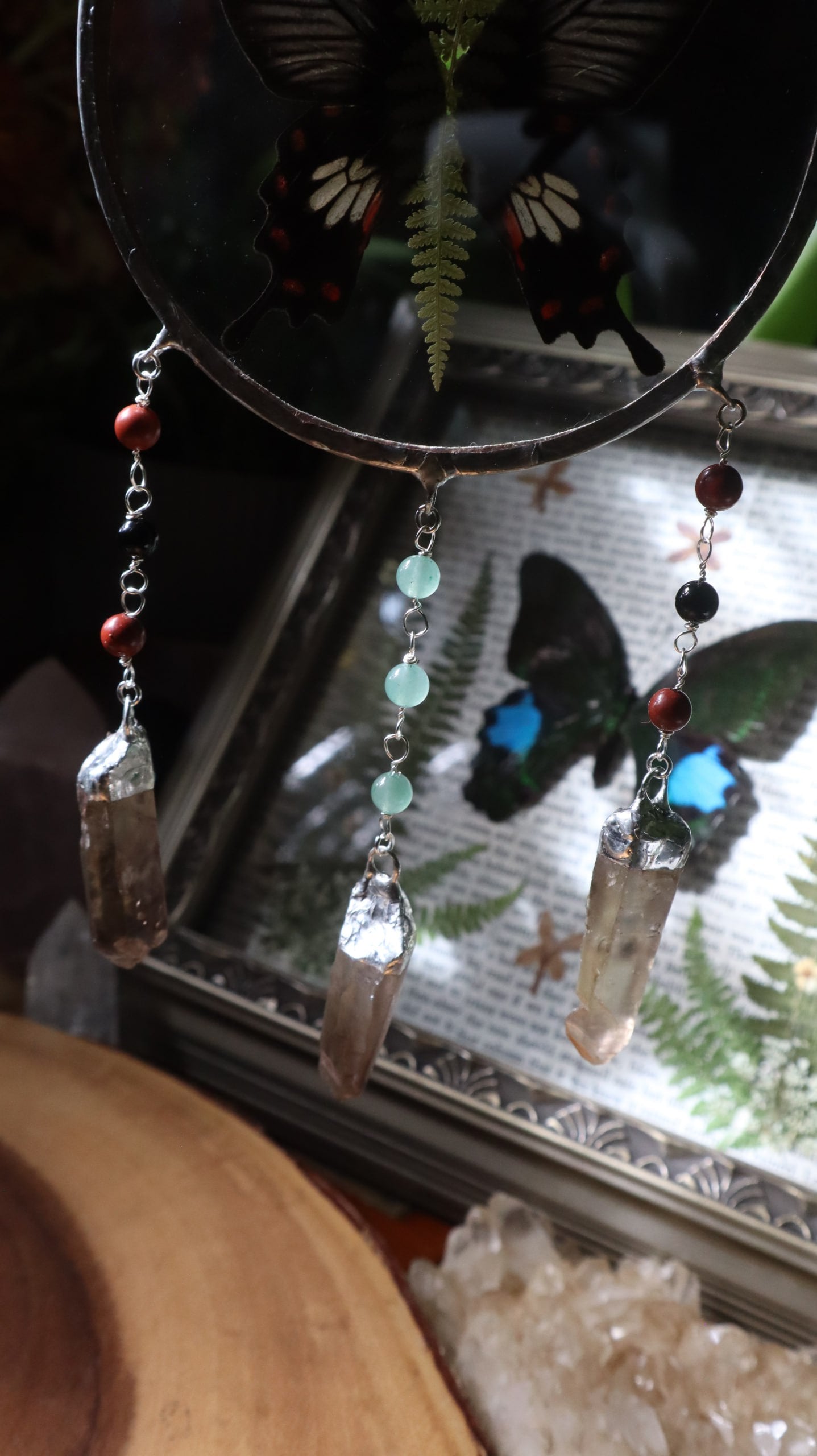 Pressed Butterfly & Fern Glass Art with Quartz Crystals