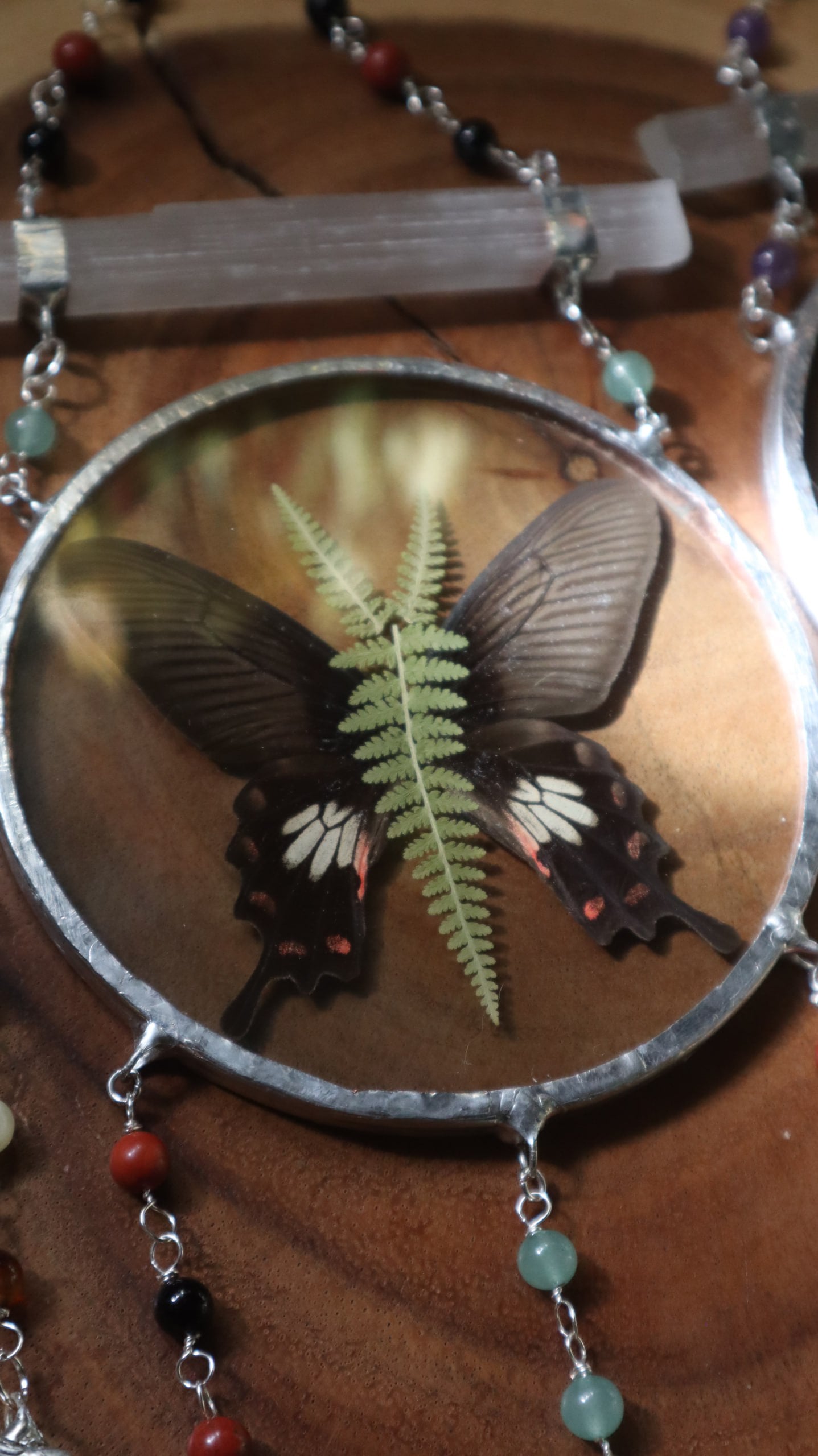 Pressed Butterfly & Fern Glass Art with Quartz Crystals