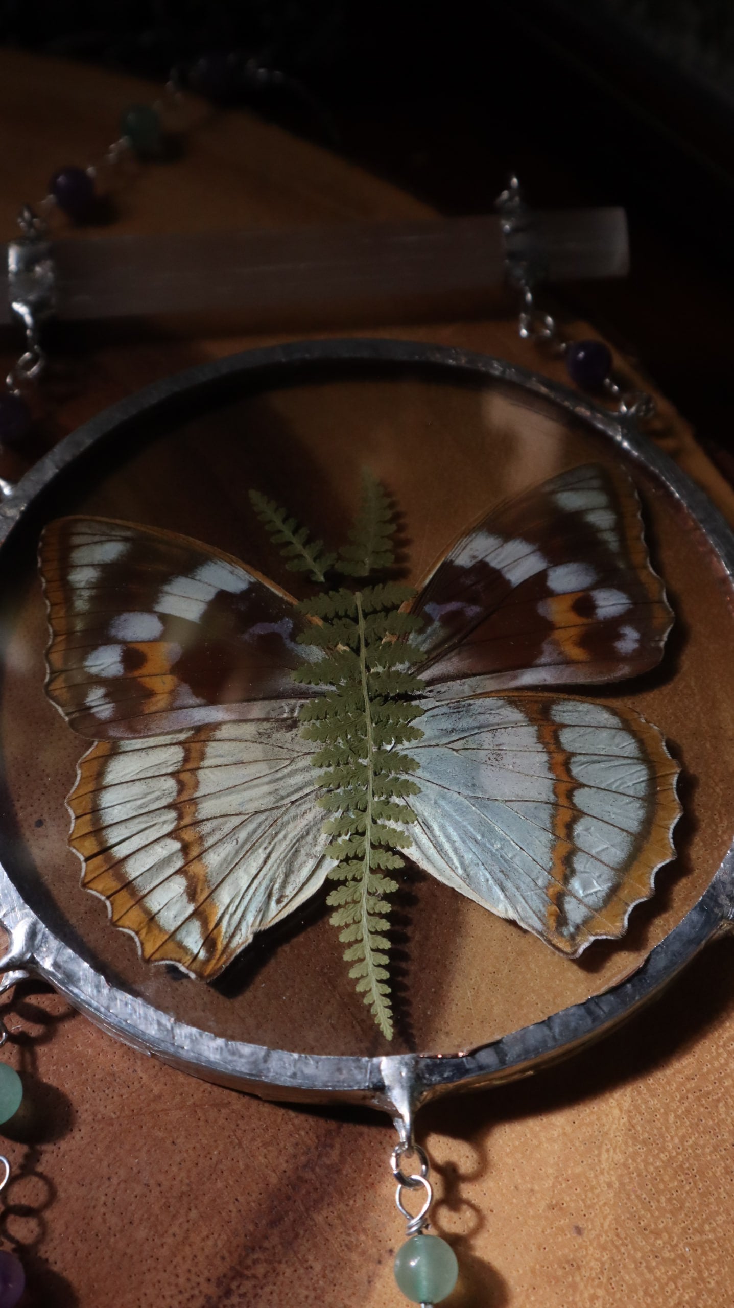 Pressed Butterfly & Fern Glass Art with Quartz Crystals