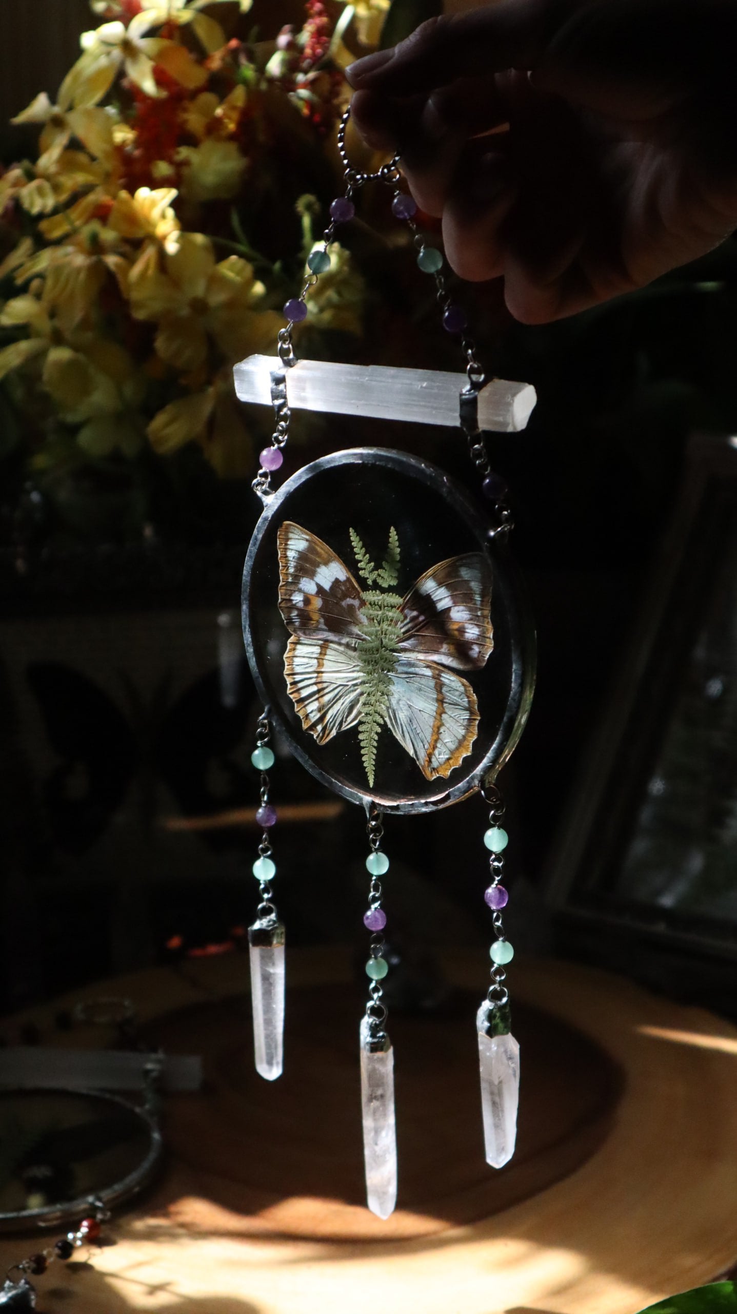 Pressed Butterfly & Fern Glass Art with Quartz Crystals