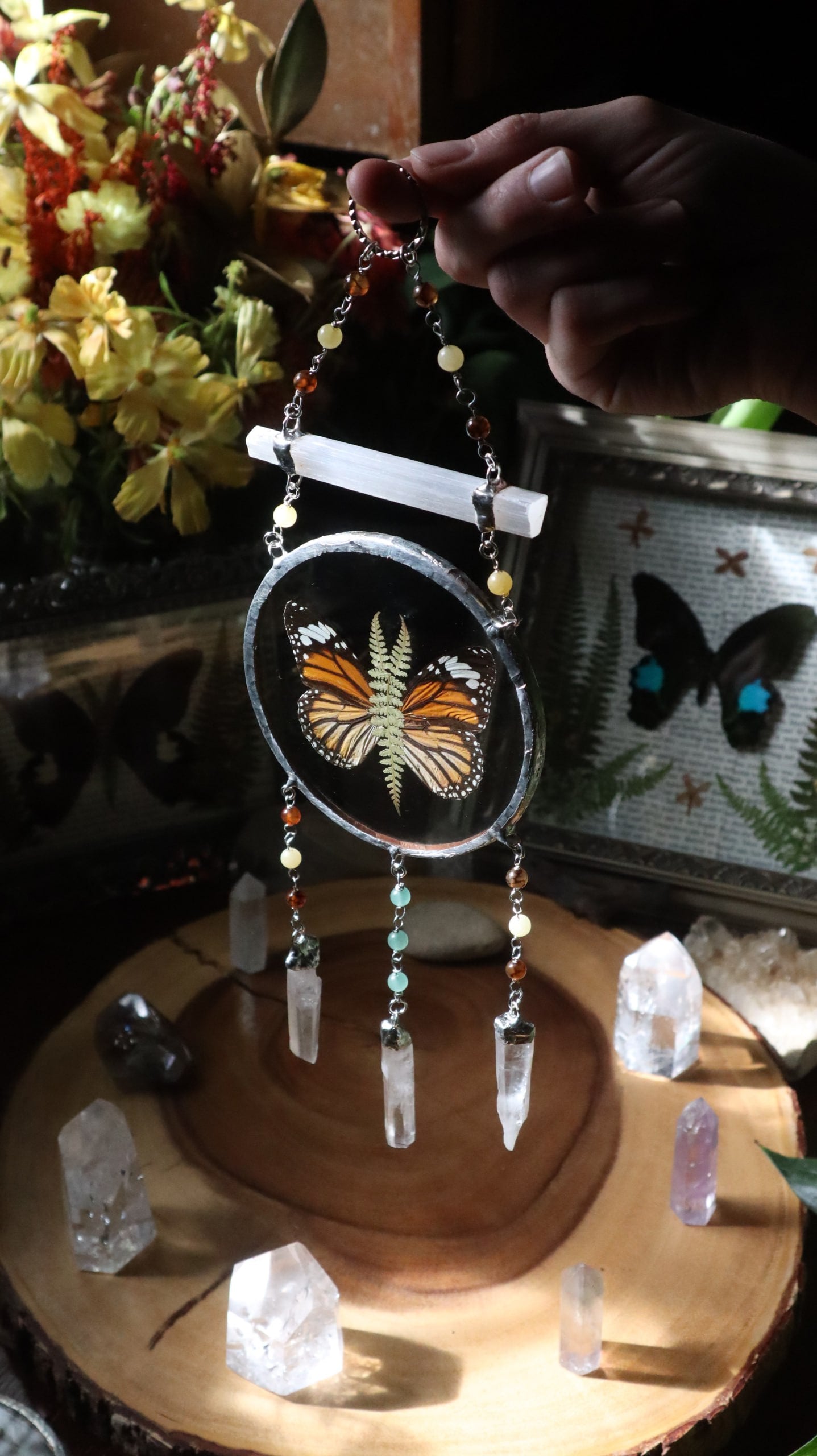 Pressed Butterfly & Fern Glass Art with Quartz Crystals