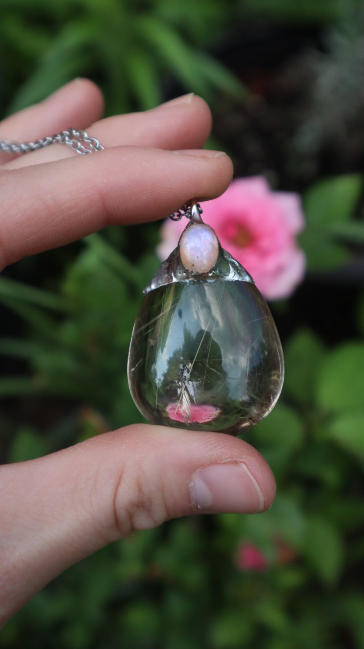 Rutilated Quartz Crystal with Moonstone Pendant