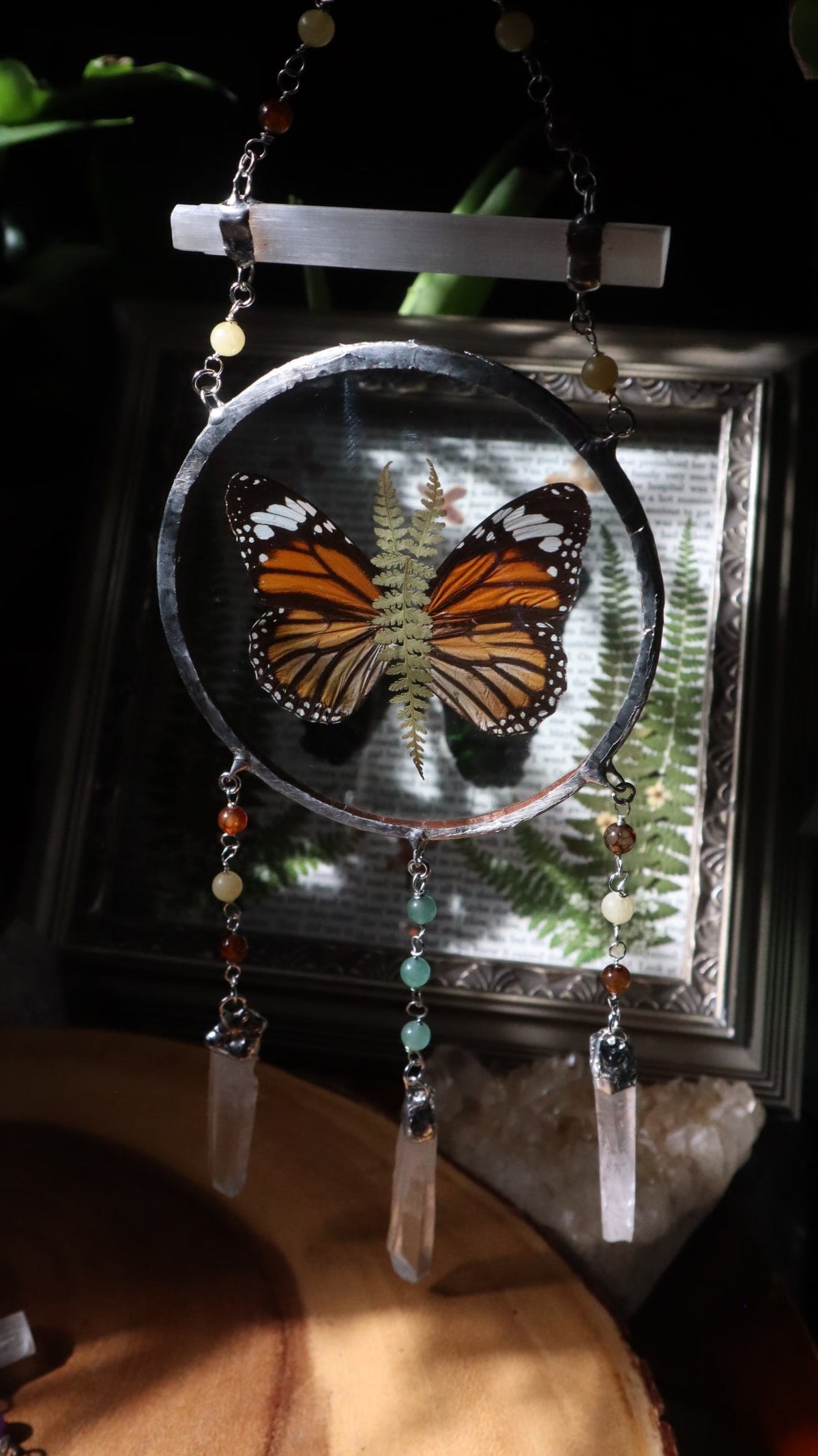 Pressed Butterfly & Fern Glass Art with Quartz Crystals