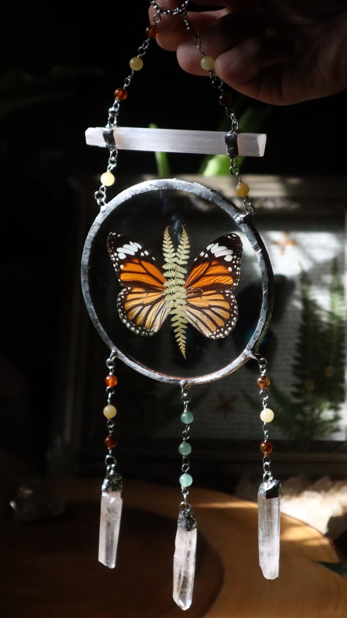 Pressed Butterfly & Fern Glass Art with Quartz Crystals