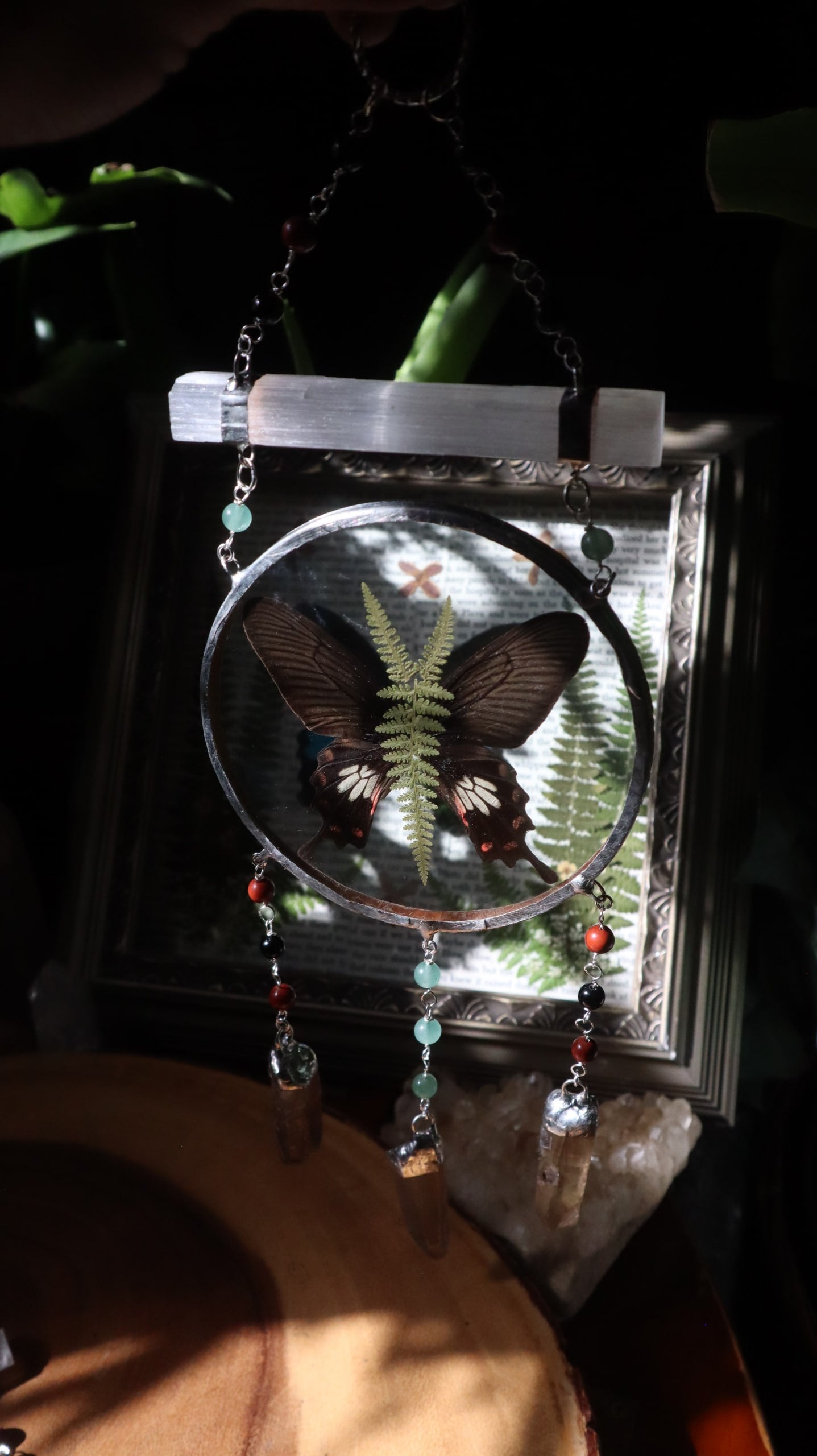 Pressed Butterfly & Fern Glass Art with Quartz Crystals