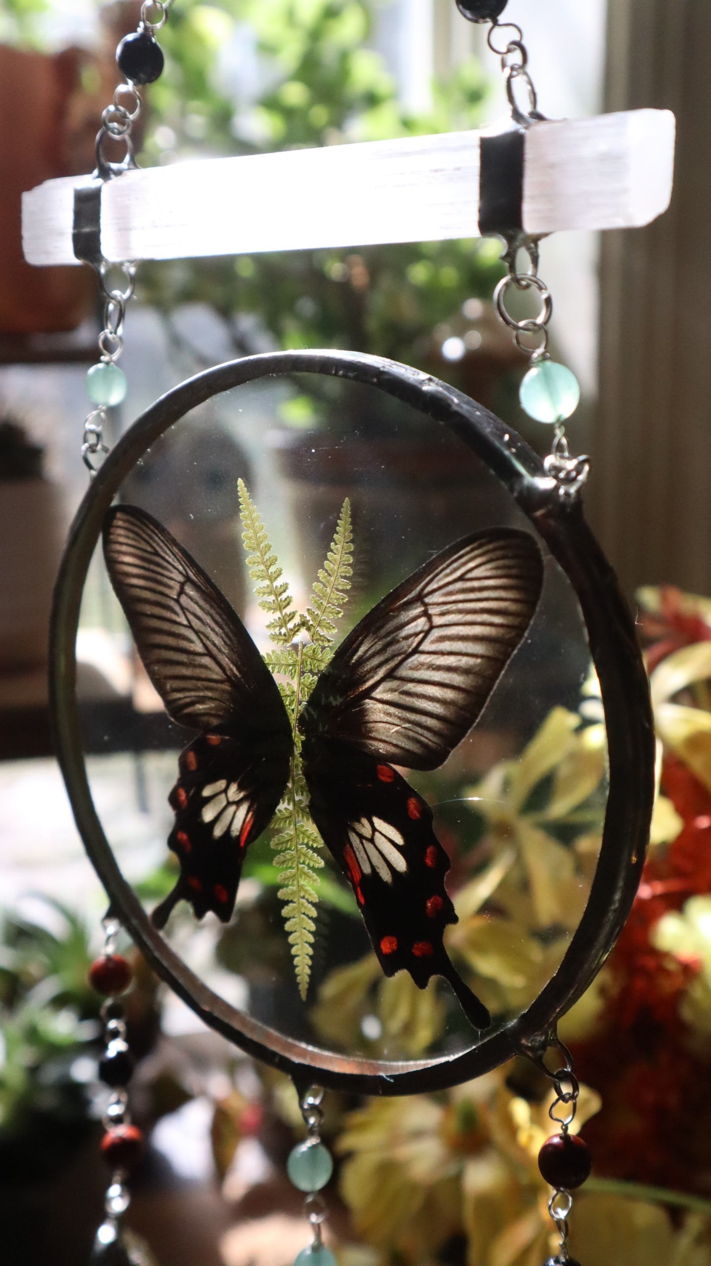 Pressed Butterfly & Fern Glass Art with Quartz Crystals