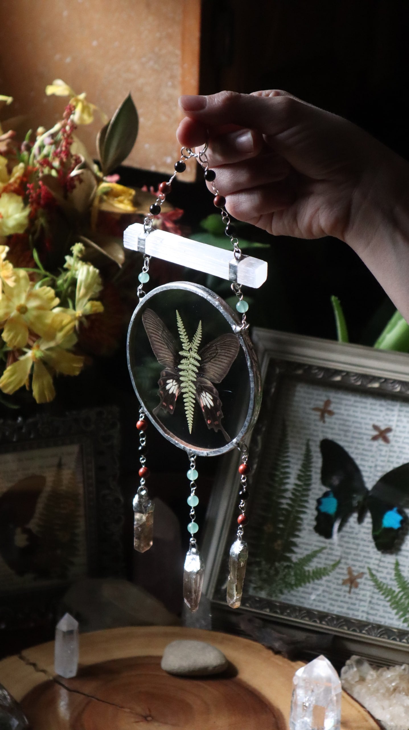 Pressed Butterfly & Fern Glass Art with Quartz Crystals