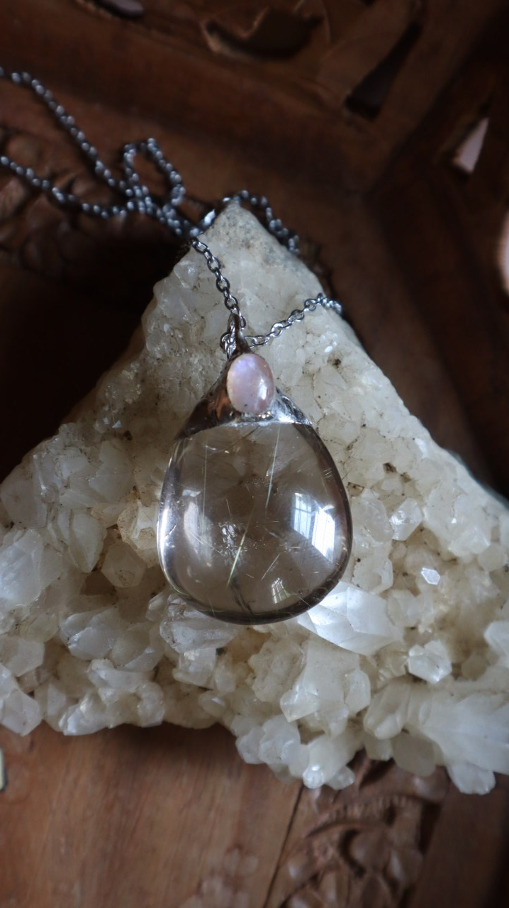 Rutilated Quartz Crystal with Moonstone Pendant