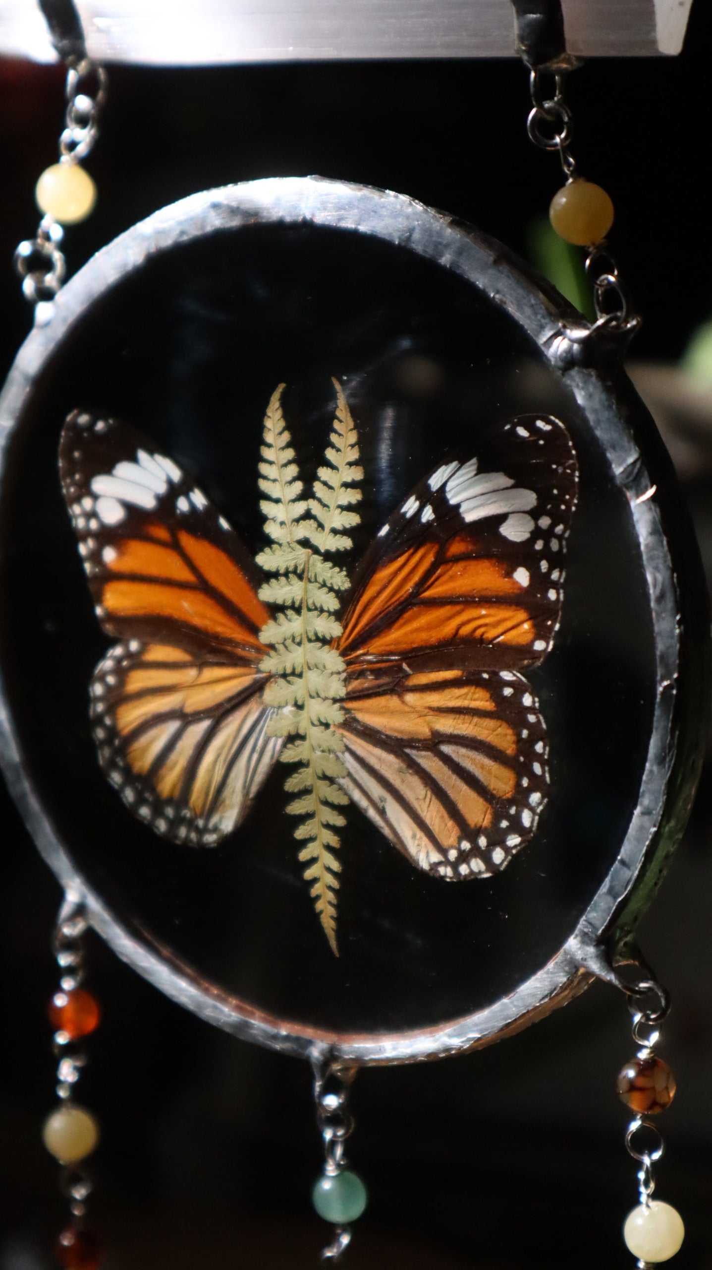 Pressed Butterfly & Fern Glass Art with Quartz Crystals