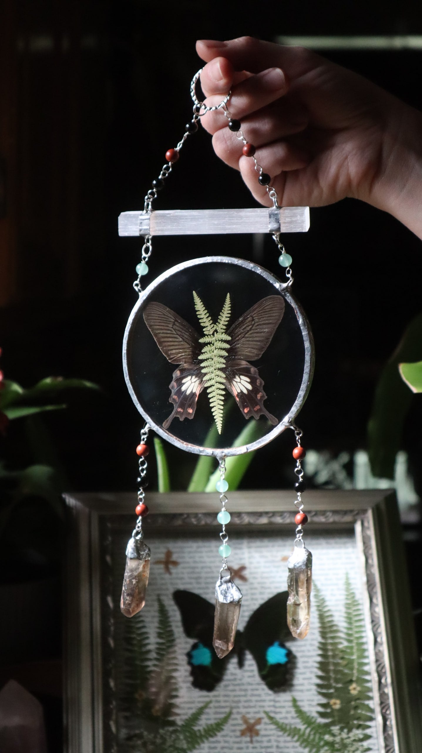 Pressed Butterfly & Fern Glass Art with Quartz Crystals